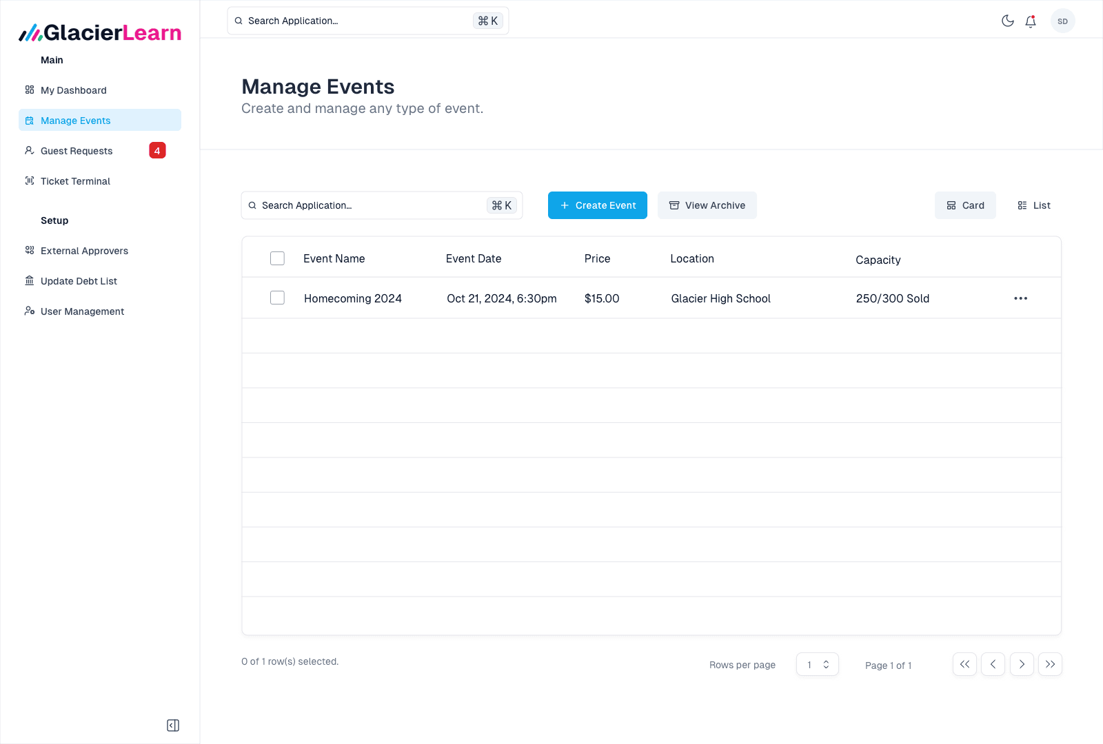 Admin Manage Events List View